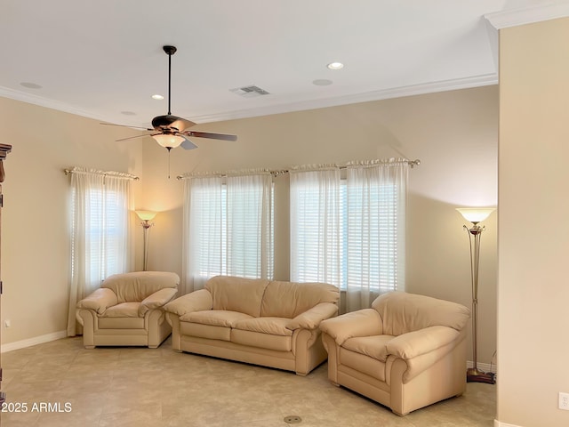 living area featuring recessed lighting, a ceiling fan, visible vents, baseboards, and ornamental molding