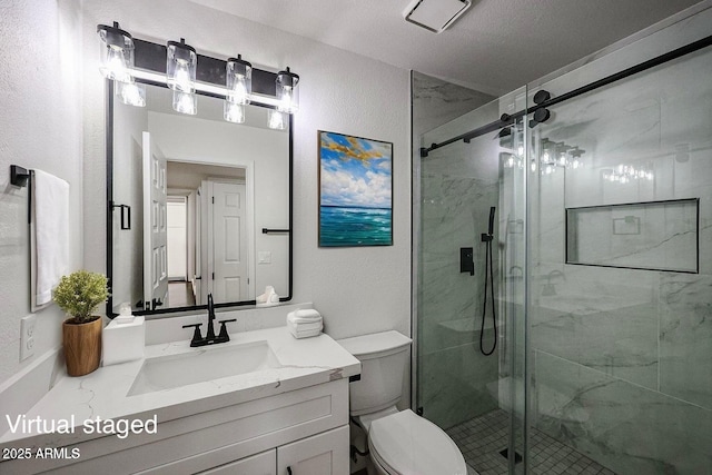619 N Norfolk, Mesa, AZ 85205 - full bathroom with toilet, a marble finish shower, vanity, and a textured wall