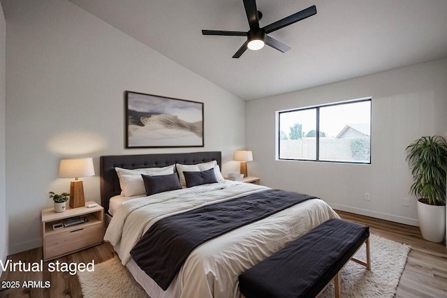 619 N Norfolk, Mesa, AZ 85205 - bedroom featuring vaulted ceiling, baseboards, wood finished floors, and ceiling fan