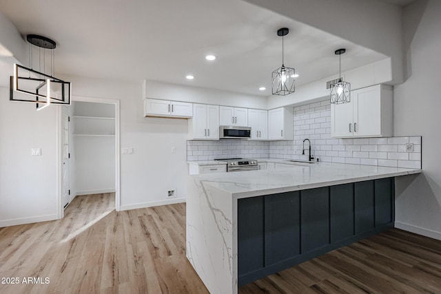 619 N Norfolk, Mesa, AZ 85205 - kitchen with appliances with stainless steel finishes, a sink, a peninsula, white cabinetry, and light wood-type flooring
