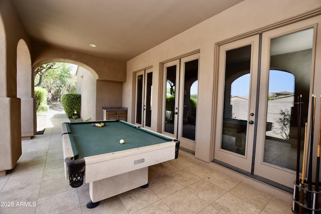 9842 E Celtic Dr, Scottsdale, AZ 85260 - recreation room featuring french doors, pool table, recessed lighting, and light tile patterned floors