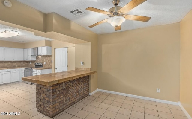 kitchen featuring decorative backsplash, kitchen peninsula, white cabinets, electric stove, and a textured ceiling