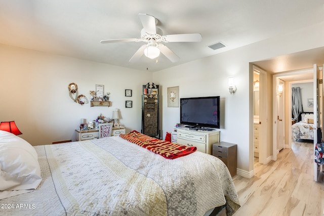 bedroom with ceiling fan and light wood-type flooring