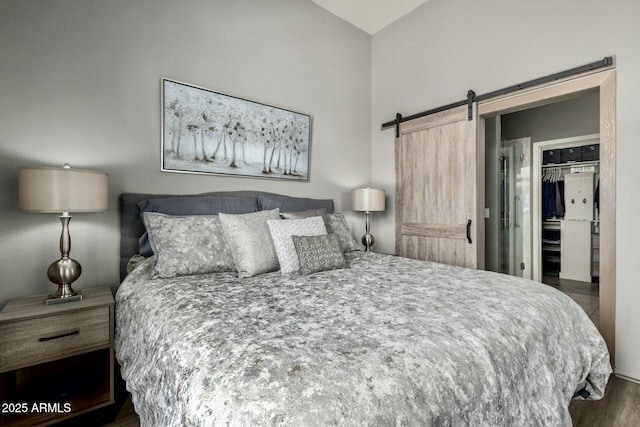 bedroom with wood finished floors, a spacious closet, and a barn door