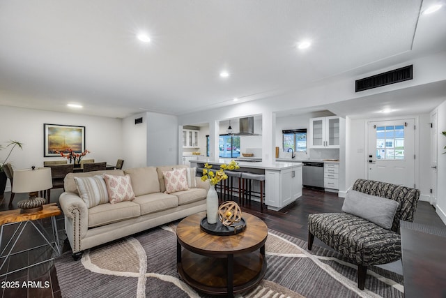 living room with dark hardwood / wood-style flooring and sink