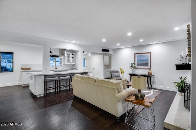 living room with dark hardwood / wood-style floors