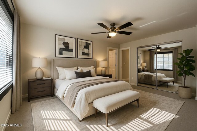 15230 N Blackbird Dr, Fountain Hills, AZ 85268 - bedroom featuring light carpet, baseboards, ceiling fan, and a closet