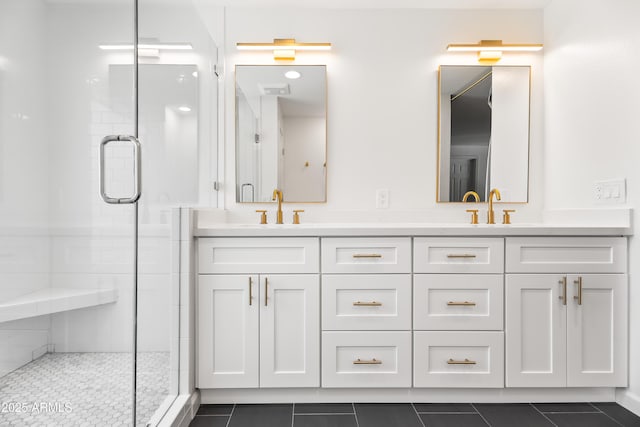 8007 E Del Tesoro Dr, Scottsdale, AZ 85258 - full bathroom with a shower stall, double vanity, and tile patterned flooring