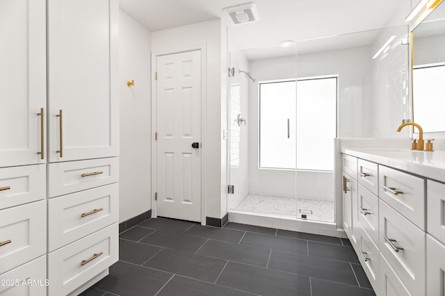 8007 E Del Tesoro Dr, Scottsdale, AZ 85258 - bathroom with a stall shower, vanity, and tile patterned flooring