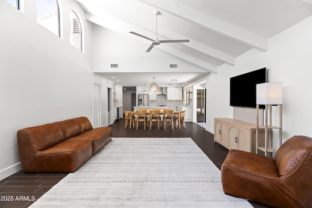 8007 E Del Tesoro Dr, Scottsdale, AZ 85258 - living room featuring dark wood finished floors, ceiling fan, high vaulted ceiling, beamed ceiling, and a chandelier