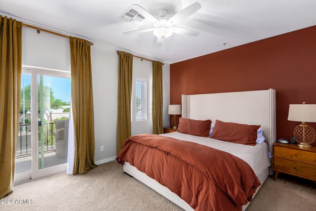 bedroom with ceiling fan, access to outside, and carpet floors