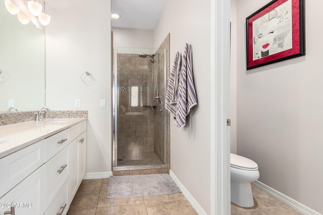 bathroom featuring vanity, toilet, tile patterned floors, and walk in shower