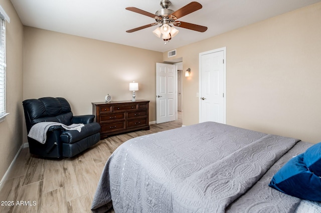 bedroom with ceiling fan and light hardwood / wood-style flooring