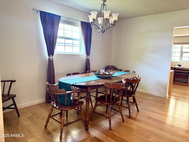 dining room featuring a healthy amount of sunlight, light wood finished floors, baseboards, and a textured ceiling