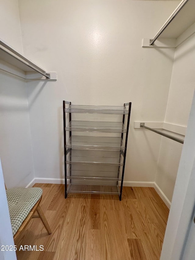 walk in closet with light wood-style flooring