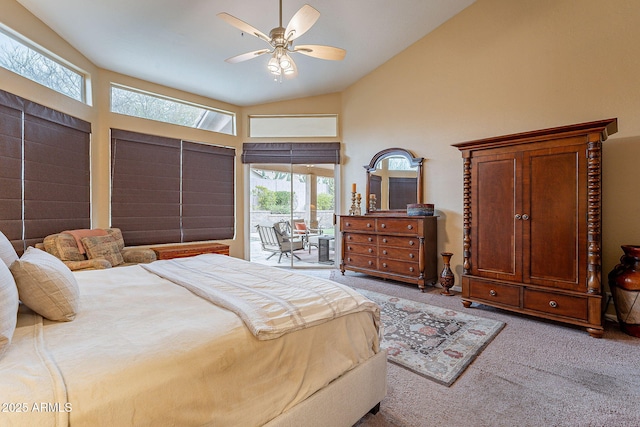 bedroom featuring access to exterior, high vaulted ceiling, ceiling fan, and carpet floors