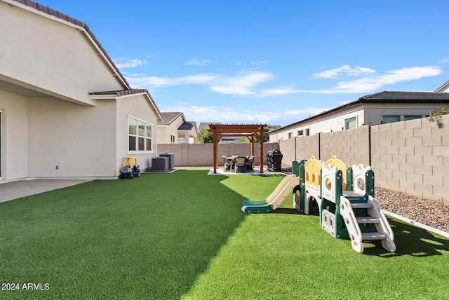5650 S Feliz, Mesa, AZ 85212 - fenced backyard with a pergola, a playground, and a patio area