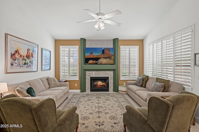 2243 E Cortez Dr, Gilbert, AZ 85234 - living area featuring a ceiling fan and a tile fireplace