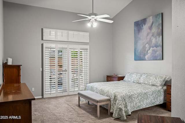 2243 E Cortez Dr, Gilbert, AZ 85234 - carpeted bedroom with access to outside, high vaulted ceiling, and a ceiling fan