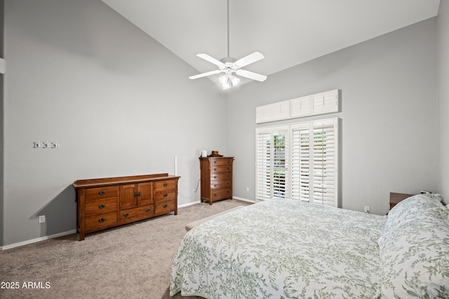 2243 E Cortez Dr, Gilbert, AZ 85234 - bedroom featuring high vaulted ceiling, carpet, baseboards, and ceiling fan