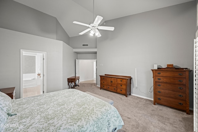2243 E Cortez Dr, Gilbert, AZ 85234 - bedroom with light colored carpet, high vaulted ceiling, ceiling fan, ensuite bath, and baseboards