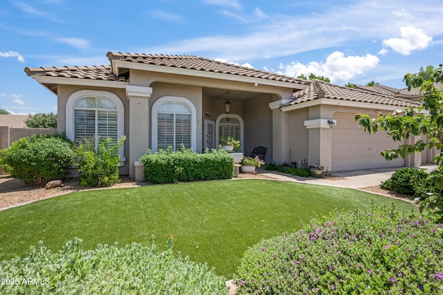 2243 E Cortez Dr, Gilbert, AZ 85234 - mediterranean / spanish-style home with a tiled roof, a front lawn, a garage, stucco siding, and concrete driveway