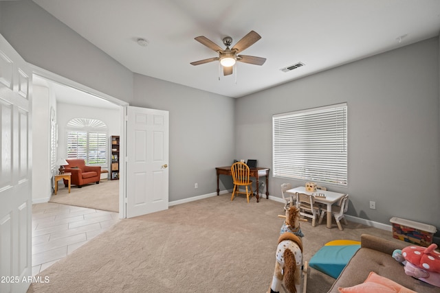2243 E Cortez Dr, Gilbert, AZ 85234 - playroom with ceiling fan, baseboards, an office area, and carpet flooring