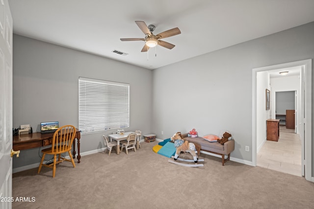 2243 E Cortez Dr, Gilbert, AZ 85234 - playroom with ceiling fan, carpet floors, baseboards, and a desk
