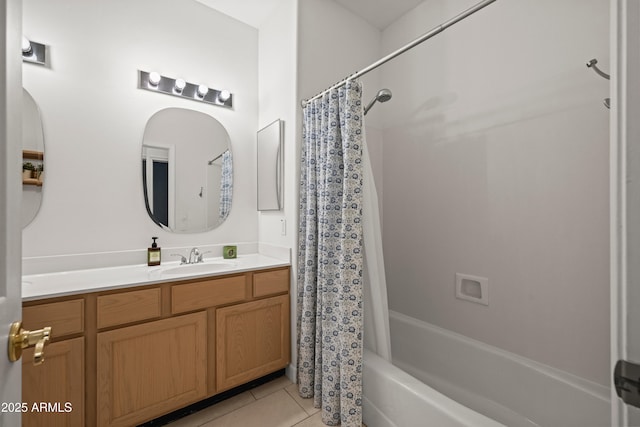 2243 E Cortez Dr, Gilbert, AZ 85234 - bathroom with tile patterned flooring, vanity, and shower / bathtub combination with curtain
