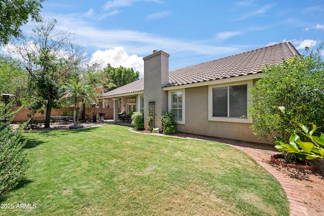 2243 E Cortez Dr, Gilbert, AZ 85234 - rear view of house featuring a patio area, stucco siding, a tile roof, and a chimney