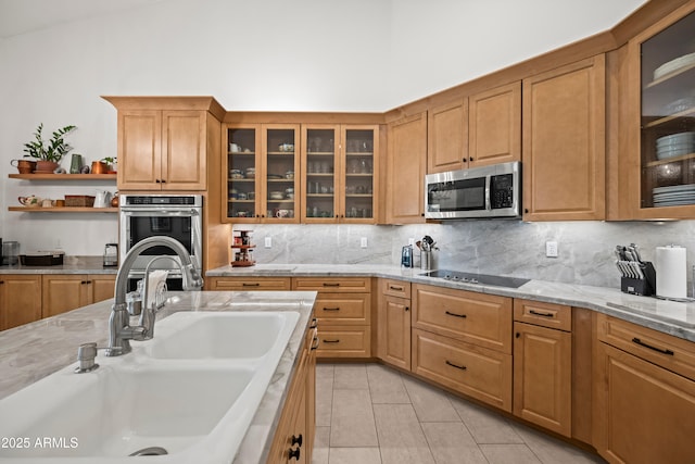 2243 E Cortez Dr, Gilbert, AZ 85234 - kitchen featuring stainless steel appliances, a sink, backsplash, light tile patterned flooring, and open shelves