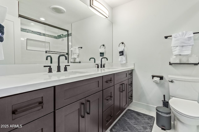 8522 E Virginia Ave, Scottsdale, AZ 85257 - full bath with double vanity, toilet, baseboards, and a shower stall