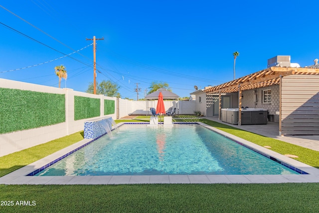8522 E Virginia Ave, Scottsdale, AZ 85257 - view of swimming pool featuring a hot tub, central AC, a pergola, and a patio area