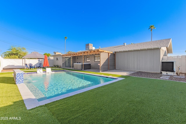 8522 E Virginia Ave, Scottsdale, AZ 85257 - rear view of house with a pergola, a hot tub, a patio, and a chimney