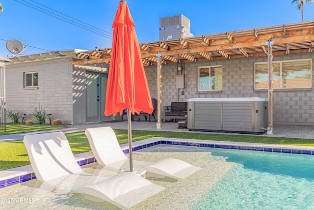 8522 E Virginia Ave, Scottsdale, AZ 85257 - outdoor pool with a hot tub, a pergola, central AC unit, and a patio area
