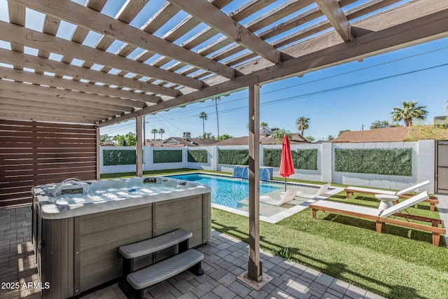 8522 E Virginia Ave, Scottsdale, AZ 85257 - fenced backyard with a hot tub, a patio area, and a pergola