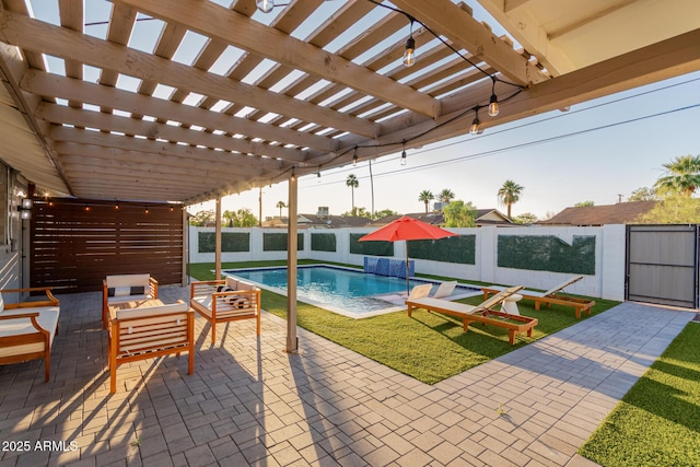8522 E Virginia Ave, Scottsdale, AZ 85257 - view of patio / terrace with outdoor lounge area, a pergola, and a gate