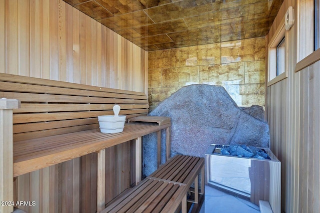 view of sauna / steam room with wood walls