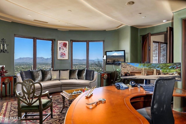 living room featuring a wealth of natural light, a mountain view, and wood-type flooring