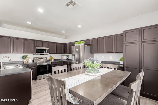 kitchen featuring visible vents, a sink, dark countertops, stainless steel appliances, and dark brown cabinets