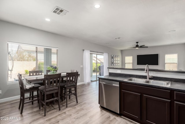 kitchen featuring stainless steel dishwasher, dark countertops, visible vents, and a sink