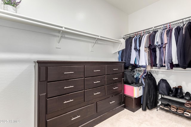 walk in closet featuring light colored carpet