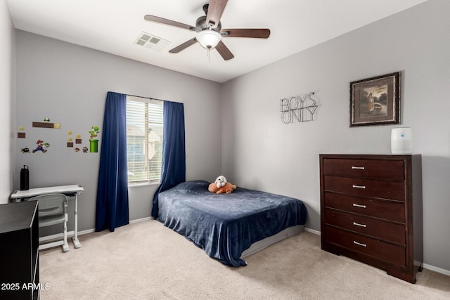 carpeted bedroom with baseboards, visible vents, and ceiling fan