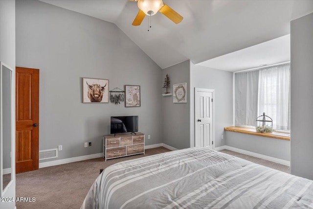 carpeted bedroom featuring lofted ceiling and ceiling fan