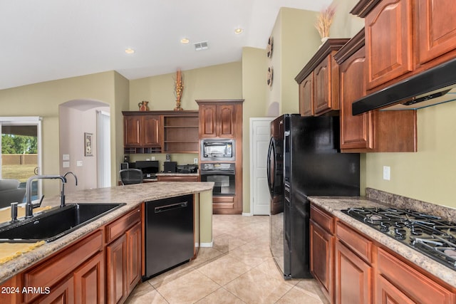 kitchen featuring sink, lofted ceiling, black appliances, light tile patterned floors, and exhaust hood