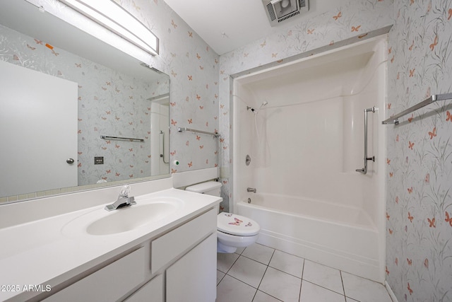full bath featuring vanity, toilet, tile patterned floors, wallpapered walls, and visible vents