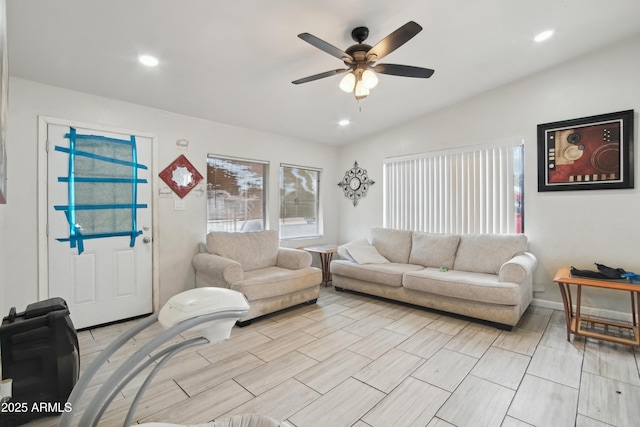 2223 E Roosevelt St, Phoenix, AZ 85006 - living area with vaulted ceiling, ceiling fan, and recessed lighting