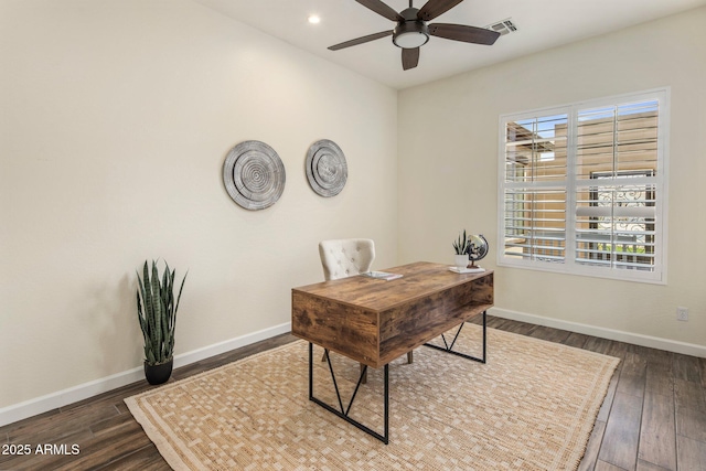 654 E County Down Dr, Chandler, AZ 85249 - office featuring ceiling fan, baseboards, wood finished floors, and recessed lighting