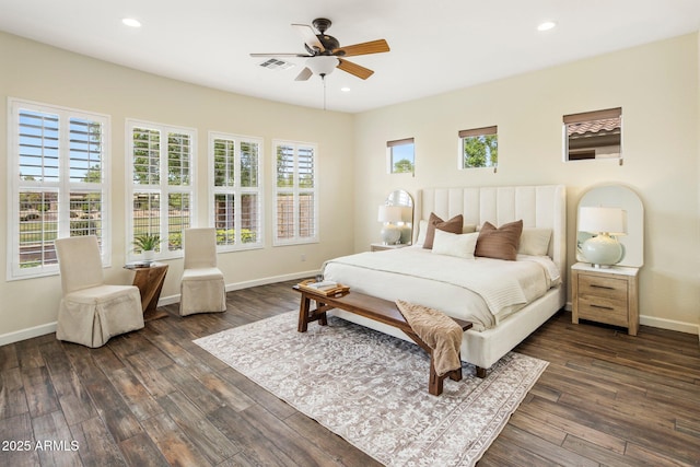 654 E County Down Dr, Chandler, AZ 85249 - bedroom with baseboards, dark wood-type flooring, recessed lighting, and a ceiling fan