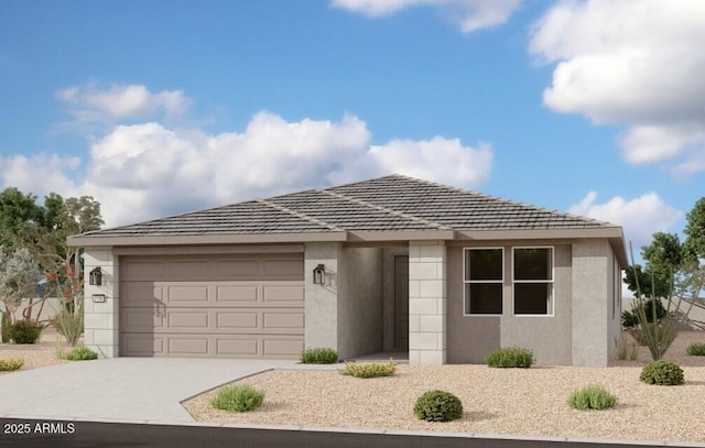 single story home featuring stucco siding, driveway, and an attached garage